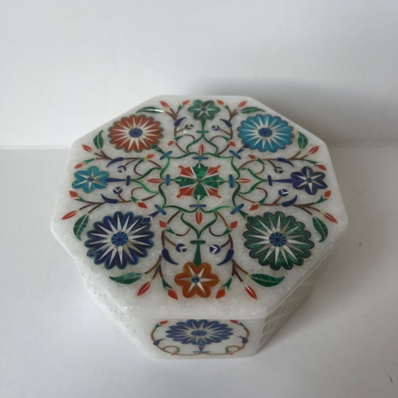 Octagon Marble Inlay Pietra Dura Art Jewelry Handcraft Handmade Box White Floral - Picture 5 of 15